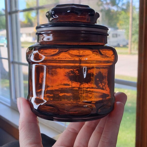 Vintage Amber Brown Glass Apothecary Canister Spice Jar Starburst Lid 4.25” - Picture 12 of 12